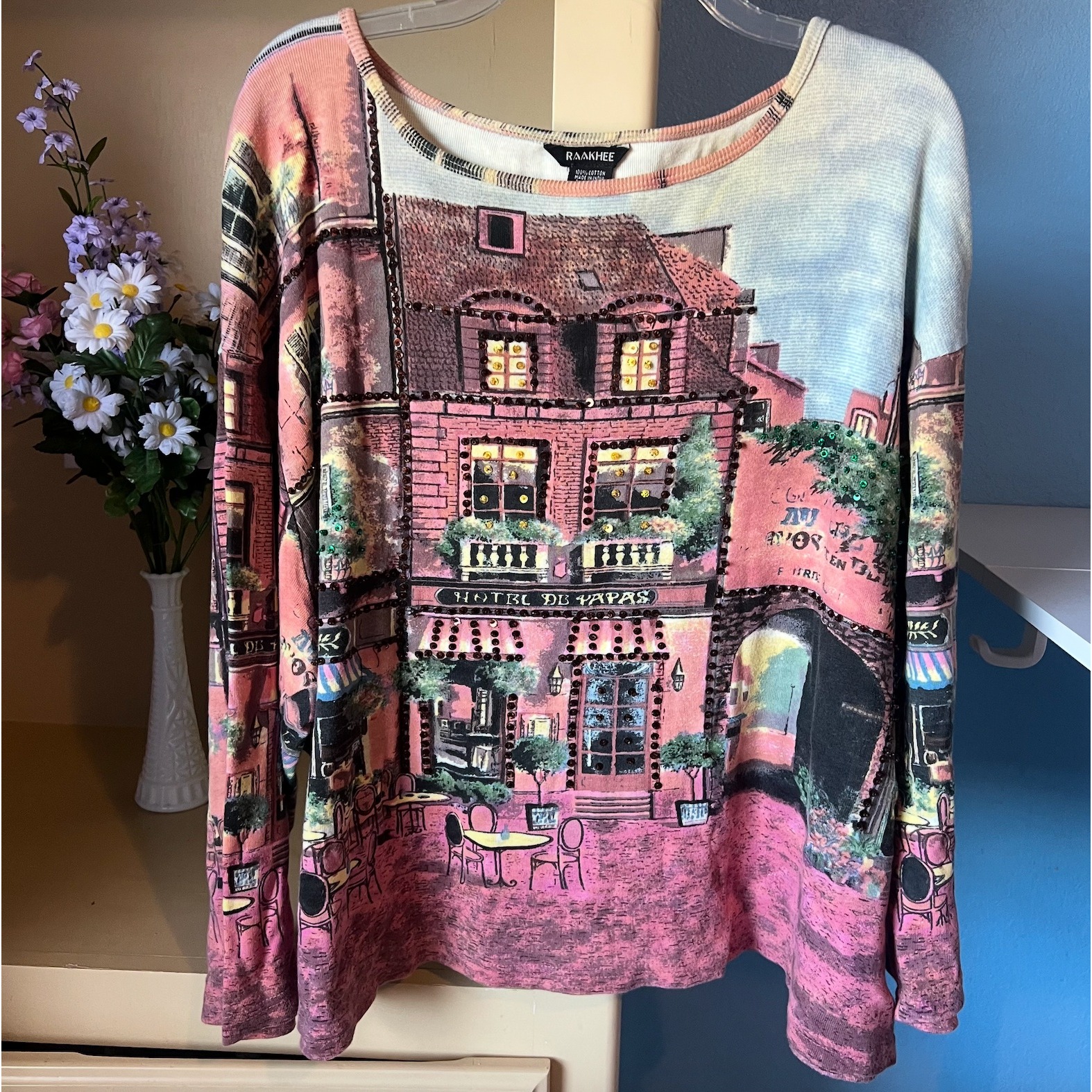 Vtg Beaded Top 3x Y2k Paris Cafe Print 3/4 Sleeve 90s French Indie Art To Wear